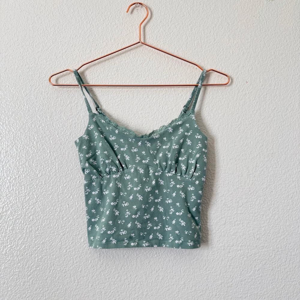 Hollister sage green white ditsy floral print crop cami tank top